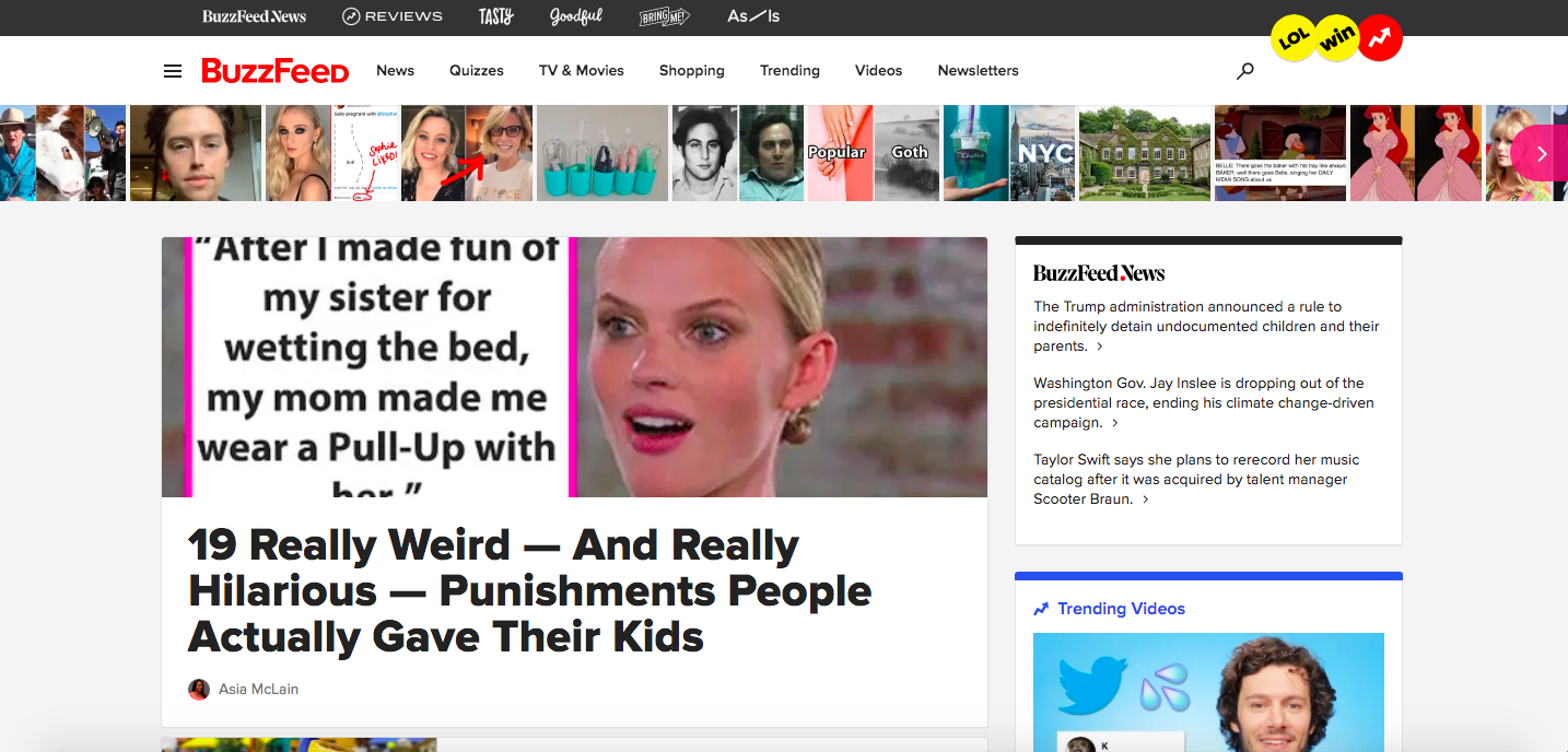 BuzzFeed以病毒式傳播內容的製作能力見長，內容背後為數據（圖／BuzzFeed官網截圖）。
