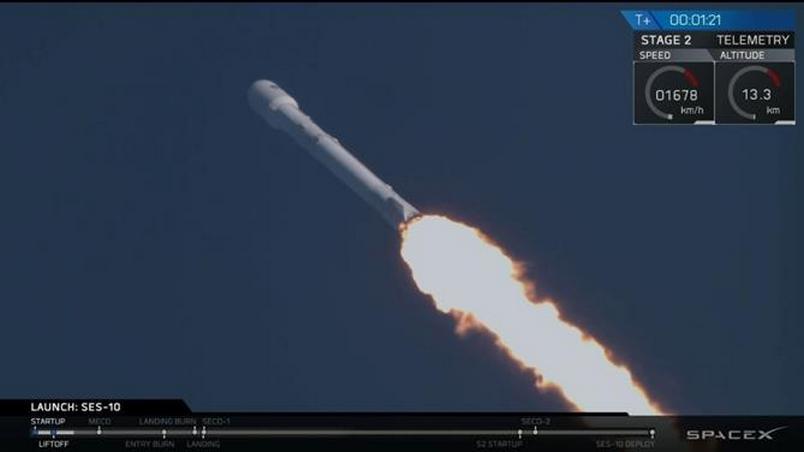 獵鷹九號火箭執行2017/3/30,SES-10任務的直播畫面。(圖片來源:http://www.spacex.com/webcast)