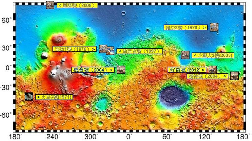 登陸分布與火星地形圖。海拔高度由高到低為:紅→黃→藍。( 圖片來源:https://en.wikipedia.org/wiki/List_of_missions_to_Mars )