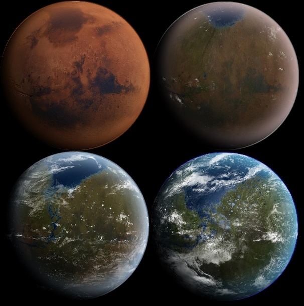火星地球化。 ( 圖片來源:https://upload.wikimedia.org/wikipedia/commons/thumb/7/7f/MarsTransitionV.jpg/800px-MarsTransitionV.jpg )