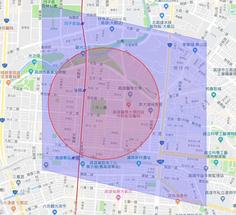 圖片說明：一個單元內的搜尋面積。（圖片來源：GoogleMap／網址：https://goo.gl/xpPo17）