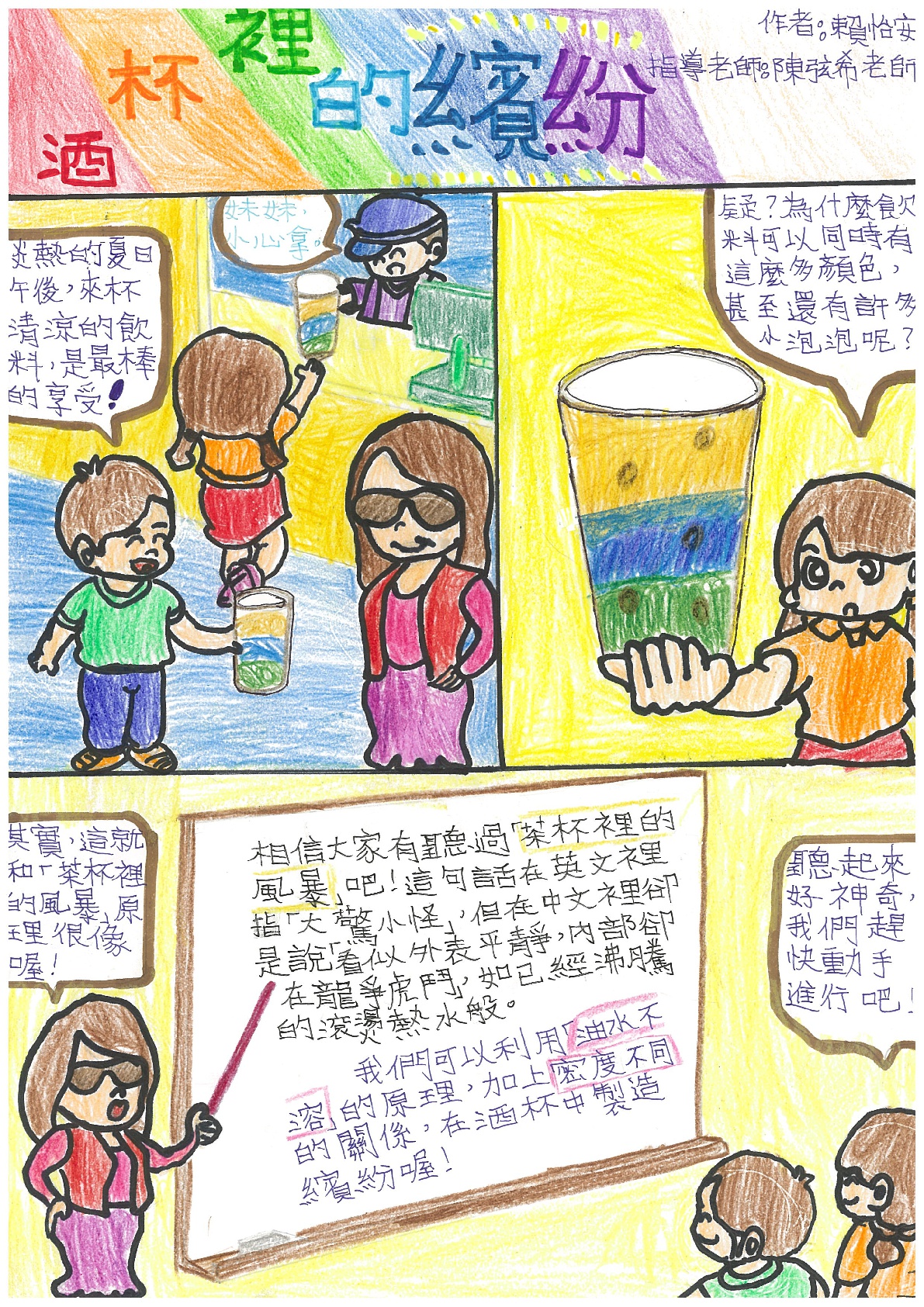 主題：酒杯裡的繽紛，作者：賴怡安，指導老師：陳弦希老師。漫畫內容：男孩：炎熱的夏日午後，來杯清涼的飲料，是最棒的享受！（飲料店員：妹妹，小心拿。）女孩：疑？為什麼飲料可以同時有這麼多顏色，甚至還有許多小泡泡呢？老師：其實，這就和「茶杯裡的風暴」原理很像喔！（黑板：相信大家有聽過「茶杯裡的風暴」吧！這句話在英文裡指「大驚小怪」，但在中文裡卻是說「看似外表平靜，內部卻在龍爭虎鬥」，如已經沸騰的滾燙熱水般。我們可以利用「油水不溶」的原理，加上密度不同的關係，在酒杯中製造繽紛喔！）女孩：聽起來好神奇，我們趕快動手進行吧！