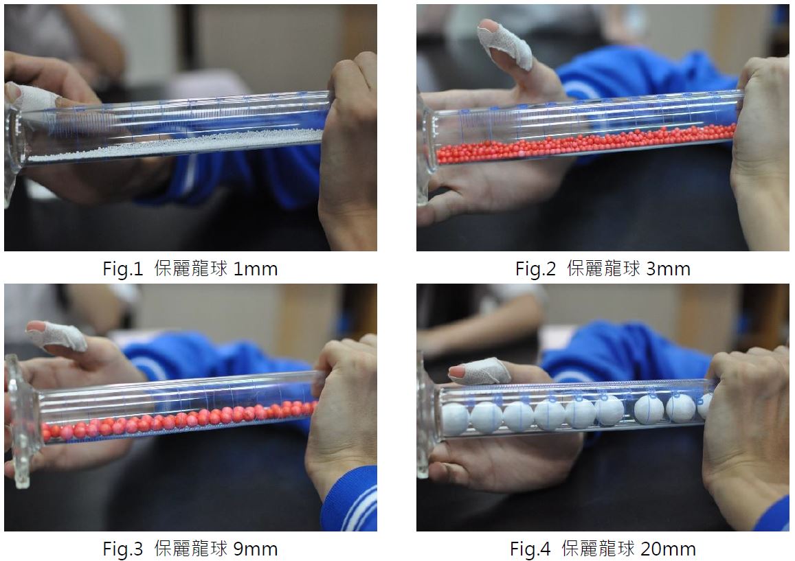 Fig.1 保麗龍球 1mm、Fig.2 保麗龍球 3mm、Fig.3 保麗龍球 9mm、Fig.4 保麗龍球 20mm