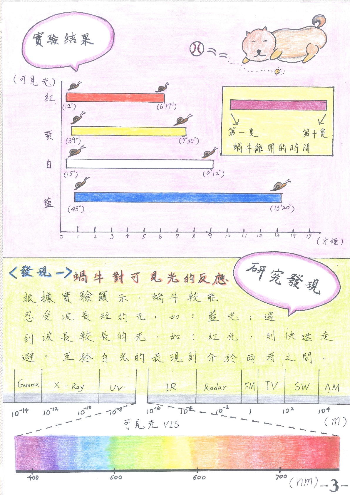 研究發現：<發現一>蝸牛對可見光的反應：根據實驗顯示，蝸牛較能忍受波長短的光，如：藍光；與到波長較長的光，如：紅光，則快速走避。至於白光的表現則介於兩者之間。