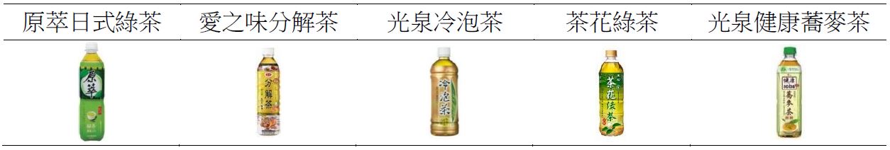 原萃日式綠茶、愛之味分解茶、光泉冷泡茶、茶花綠茶、光泉健康蕎麥茶