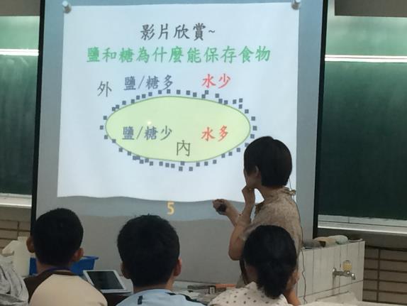 經過觀賞影片及利用此概念圖說明之後，大多數學生能理解到滲透作用是水多→水少移動的過程。所以無論使用的是鹽或糖，或者其他調味料，均會使小黃瓜脫水