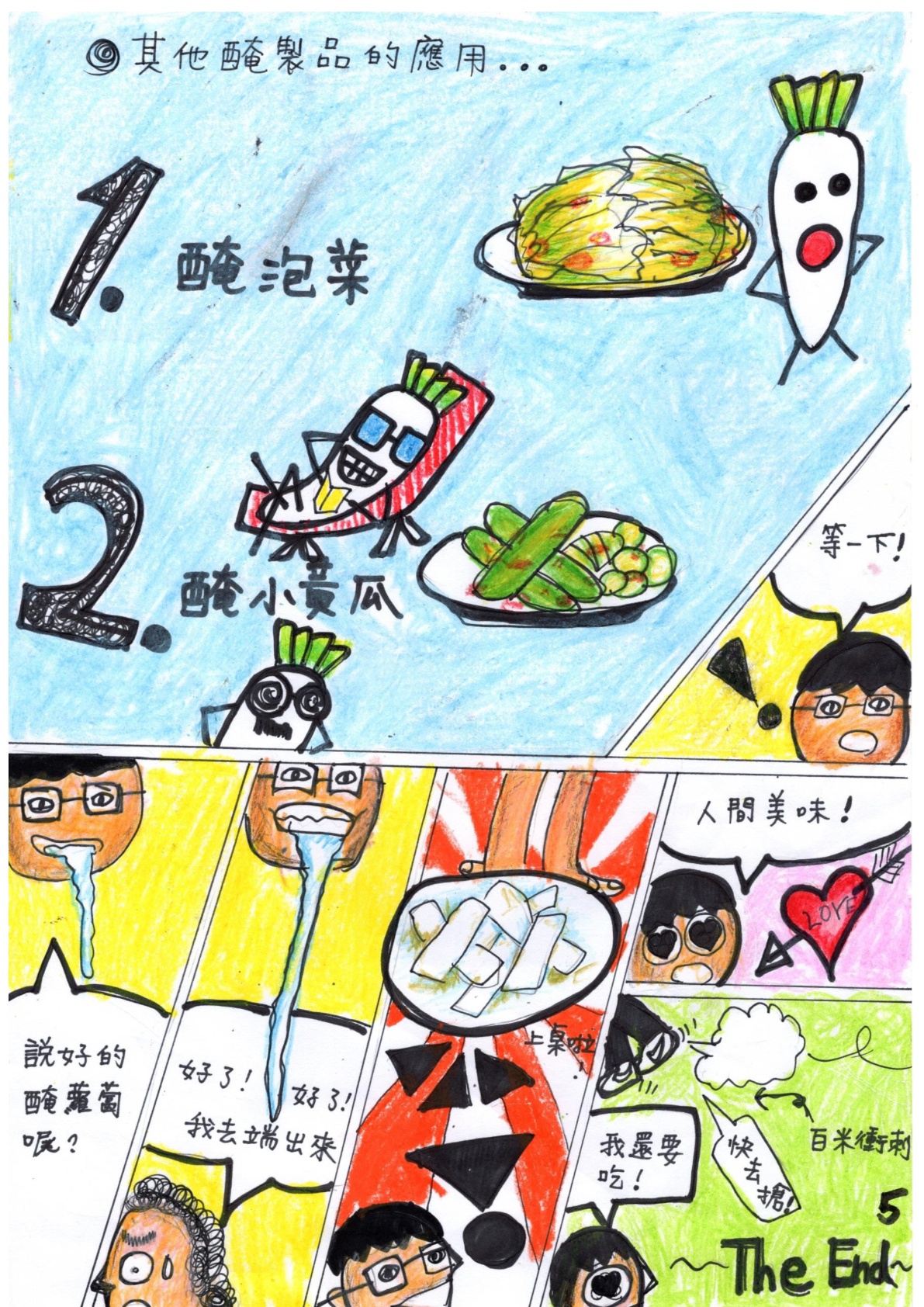其他醃製品的應用...1.醃泡菜2.醃小黃瓜。男孩：等一下！說好的醃蘿蔔呢？（流口水）媽媽：好了！好了！我去端出來。（上桌啦！）男孩：人間美味！我還要吃！快去搶！（百米衝刺）