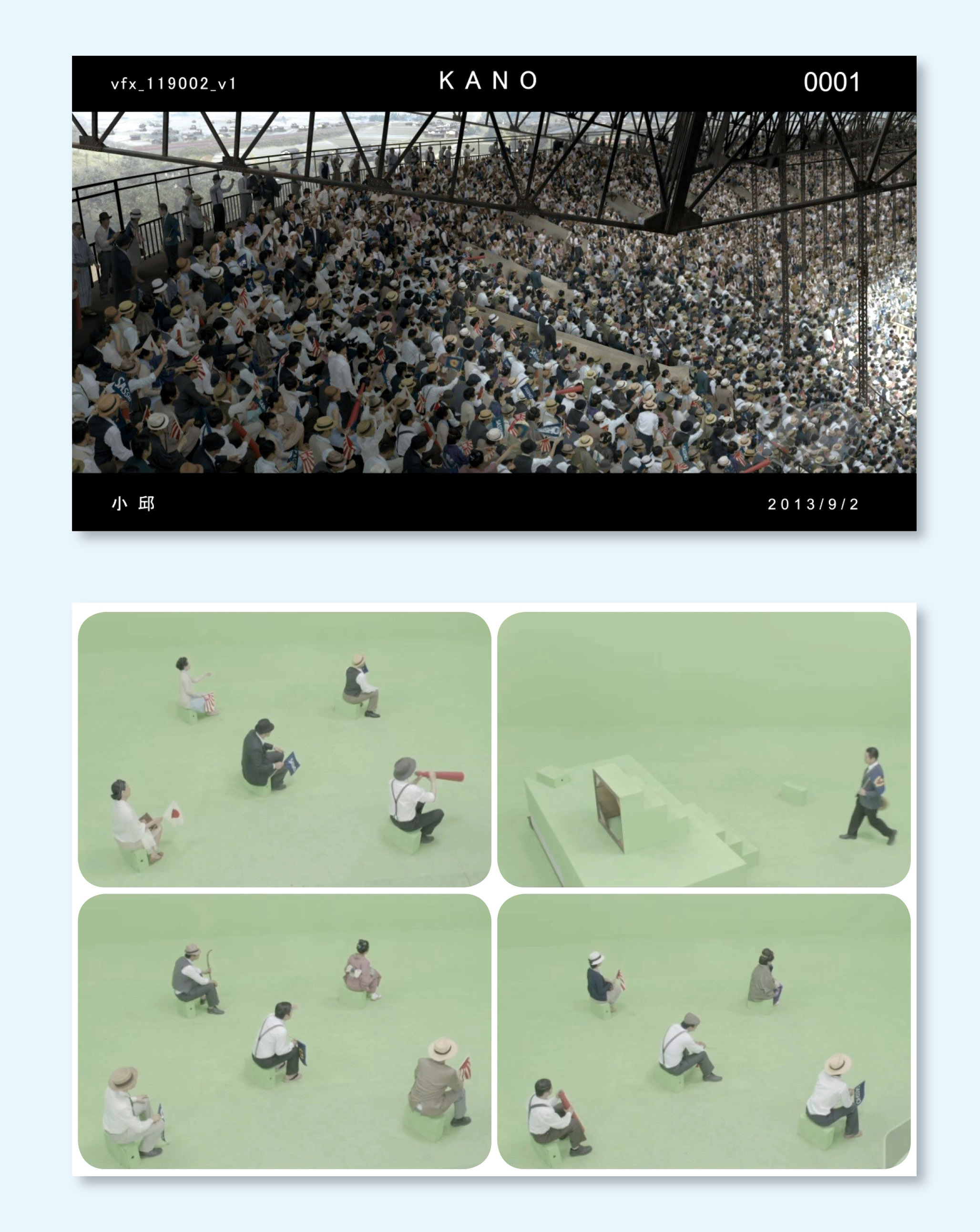 〈KANO〉中這鏡頭所有物件全是無中生有，球場建築是3D製作，遠方背景是2D繪製，僅使用5位臨演變裝演出，以數位特效合成製作完成。
