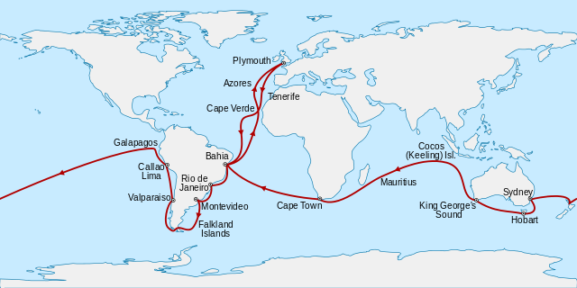 小獵犬號旅程的軌跡橫越了四個大陸。（圖／Sémhur，wikipedia）