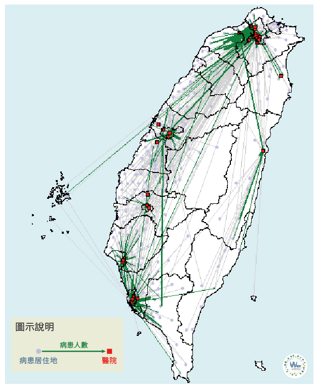 病患從居住鄉鎮市到各醫療院所之就醫流動地圖，線條粗細代表病患人數。（圖／溫在弘提供）