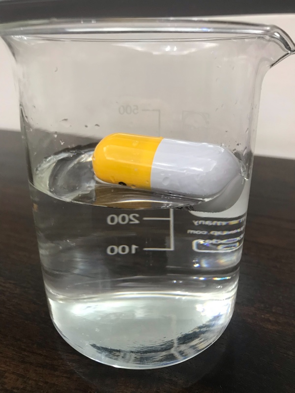 胃漂浮劑型示意圖。因胃漂浮劑型密度較低，可漂流在胃液上，達到最佳藥物釋放效果。（圖／余建志提供）