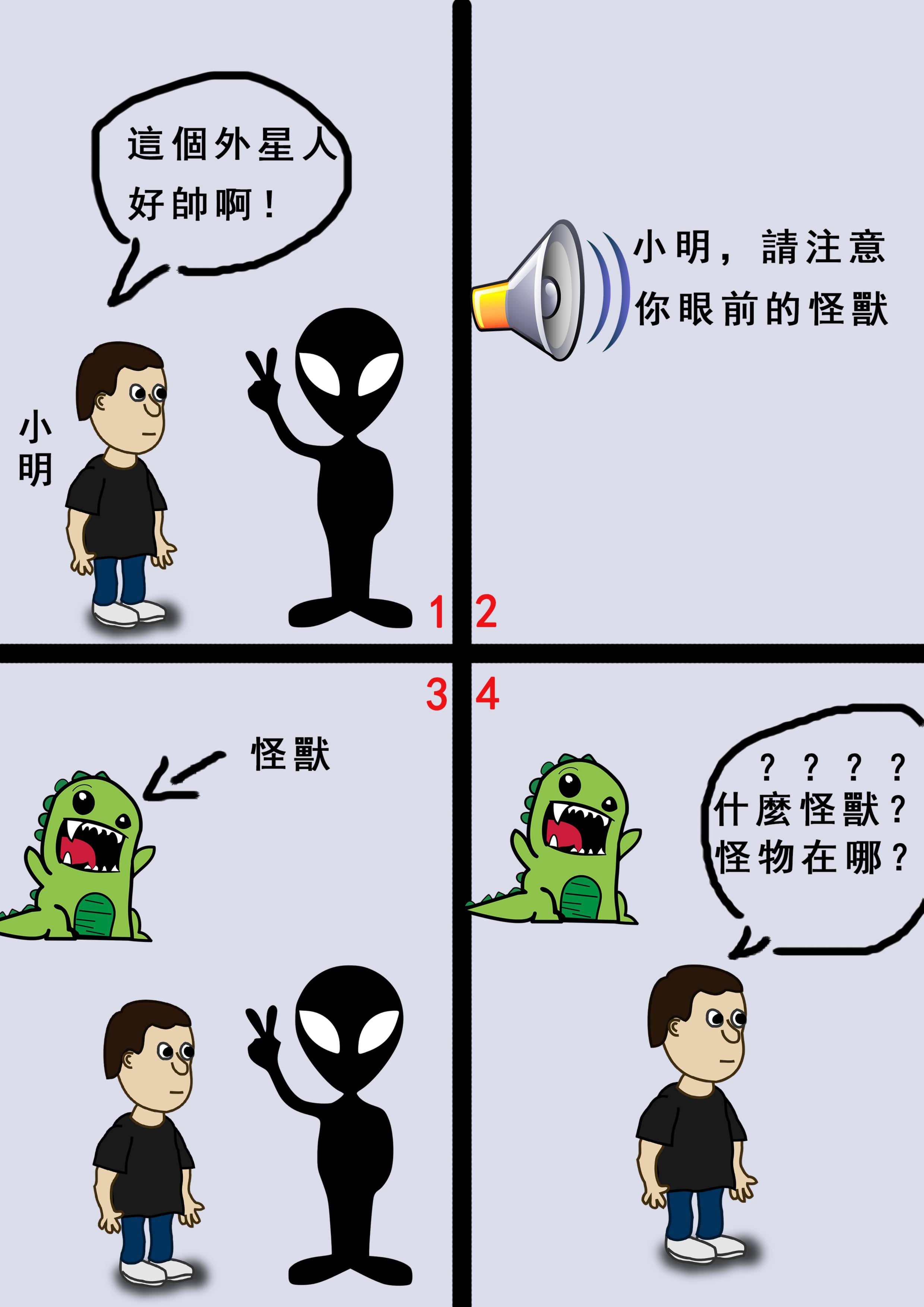 在360畫面中，玩家很容易失去焦點，圖中的小明因為只關注於眼前外星人，而找不到廣播中所說的怪獸。（圖／連俊翔提供）