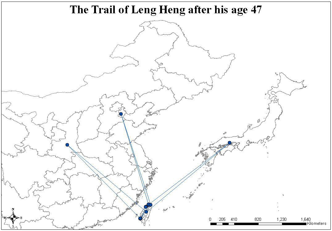 連橫47歲以後的詩詞中提到的地點分布（圖片來源／政大資科系機器智能實驗室提供）