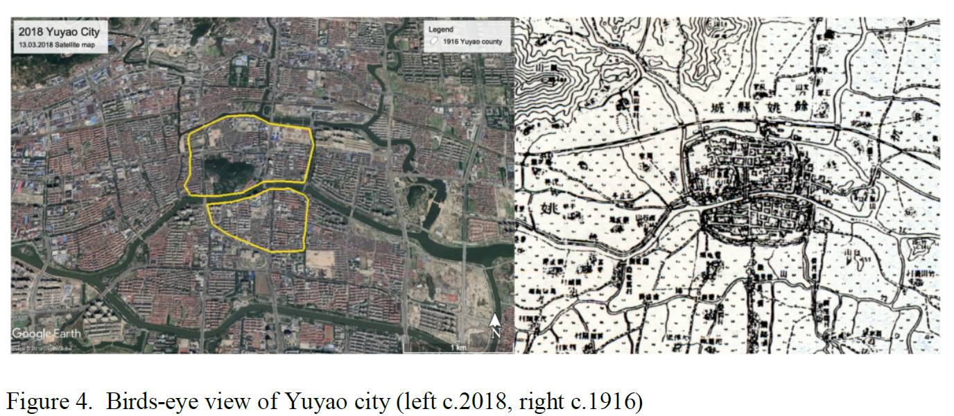 2018年與1916年的餘姚市地圖，透過餘姚江分成兩部分。卷積神經網路也針對此特徵，發現兩者的相似之處。（圖／陳詩沛提供）