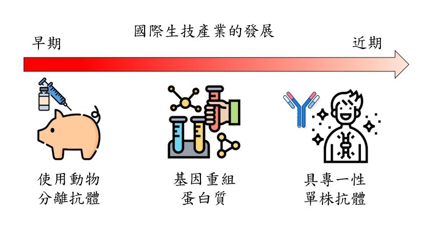 國際生技產業技術的演變，已從早期利用豬隻分離胰島素，發展到可生產出治療癌症等重大疾病的單株抗體。（圖／義守大學ISU科轉團隊繪製，※Icon made by Pixel perfect from www.flaticon.com）