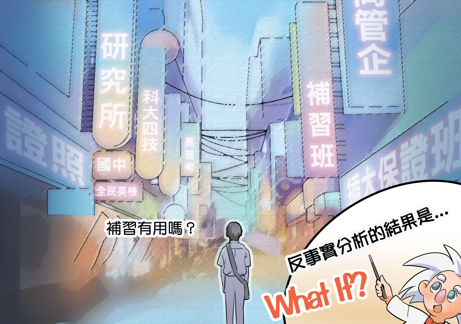 關秉寅透過反事實分析法研究補習是否學習成效較好？（圖／fatcat11繪）